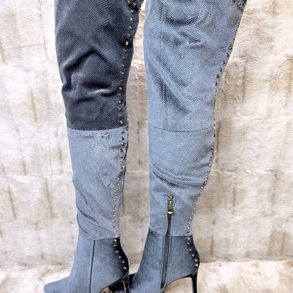 So Me Blue Studded Thigh High Pointy Toe High Heel Boots - Picture 3 of 11